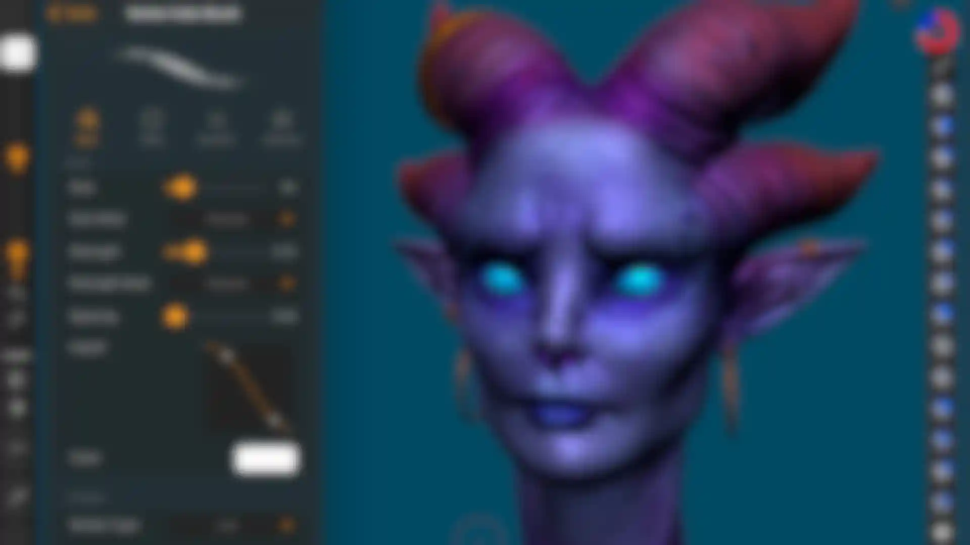 3Dアニメーションキャラクターを3Dモデルをスカルプトするために、ハイライトしたForgerアプリのインターフェース。