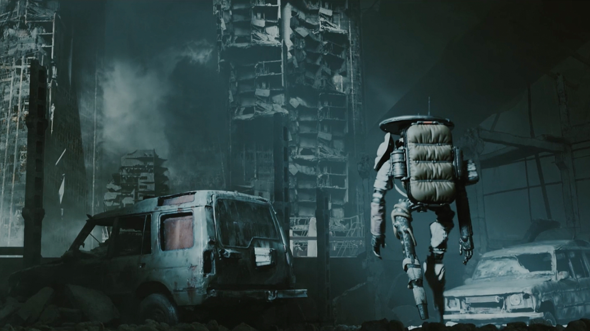 Robot sci-fi modélisé en 3D explore ruines urbaines post-apocalyptiques avec voitures