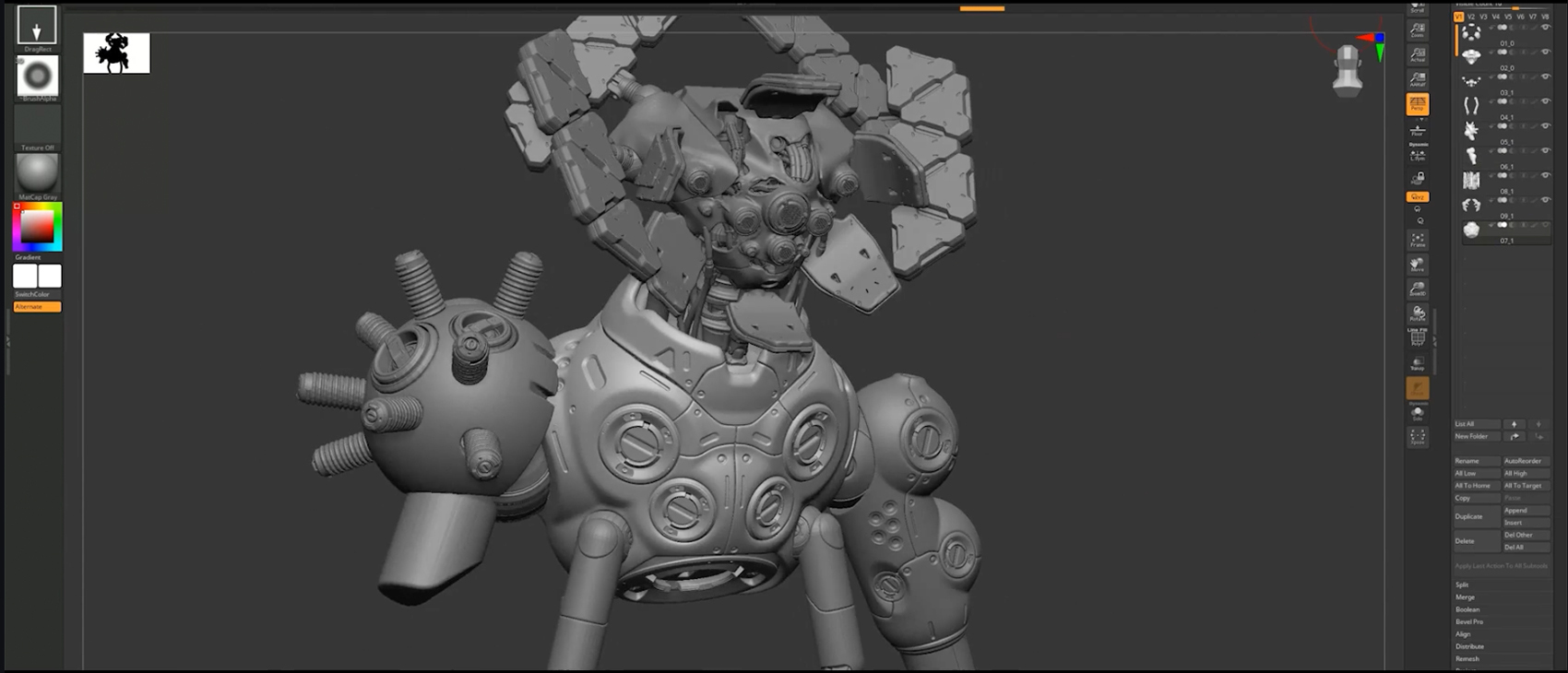 Sculpture 3D de créature robotique futuriste dans logiciel de modélisation