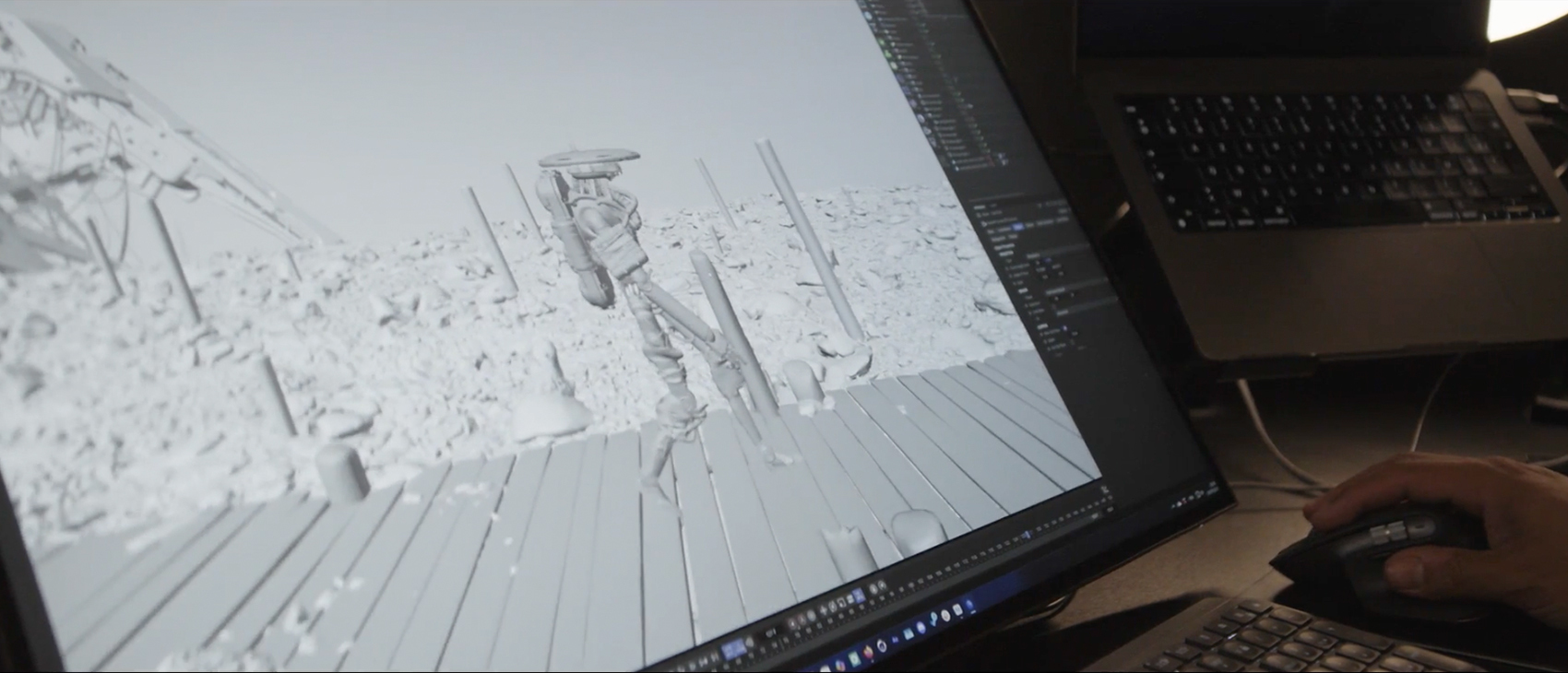 Scène 3D utilisant des formes simples pour silhouette, composition et proportions