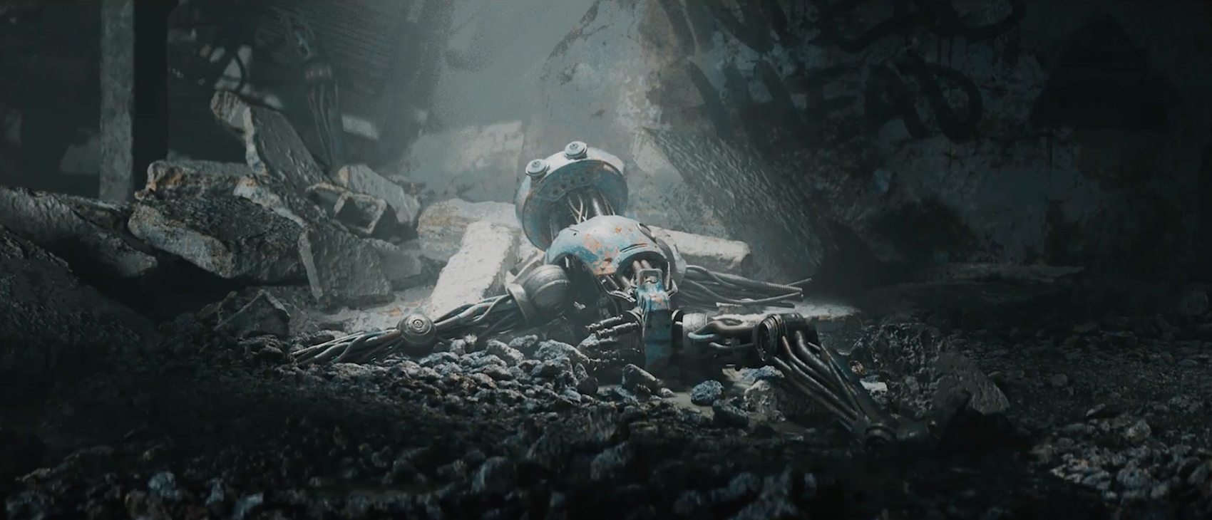 Robot sci-fi endommagé allongé parmi les décombres de ruines post-apocalyptiques