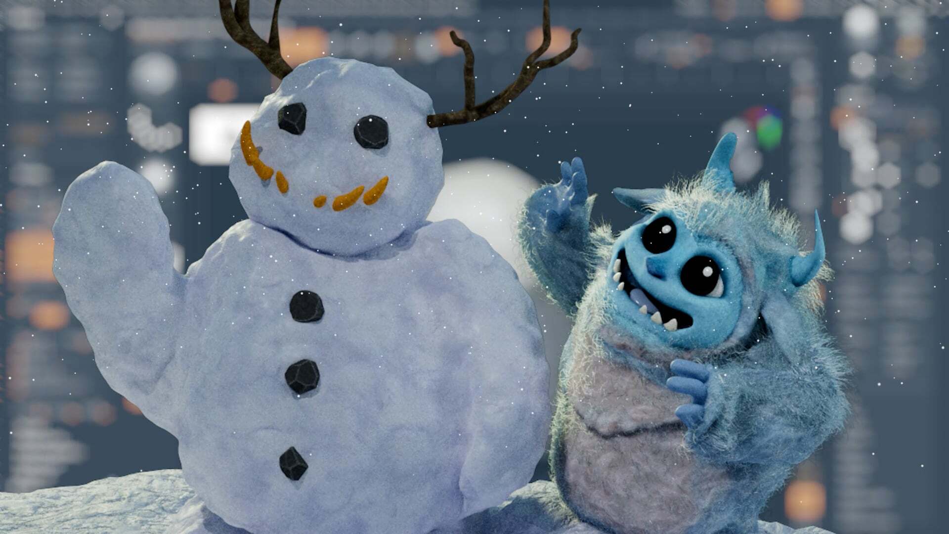 Créature bleue et poilue pose avec bonhomme de neige en hiver