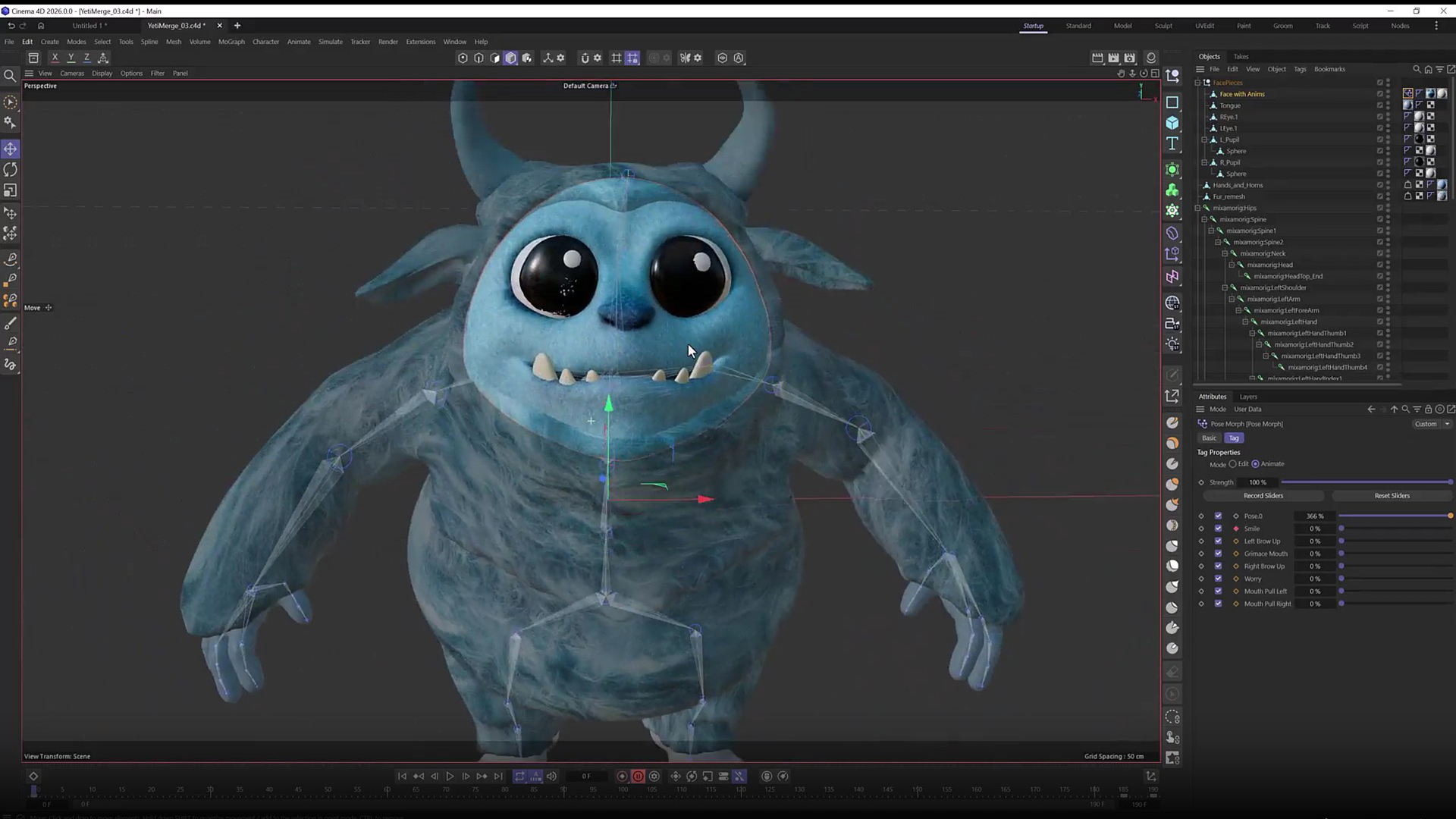 Créature 3D bleue à cornes, modélisée dans un logiciel d’animation