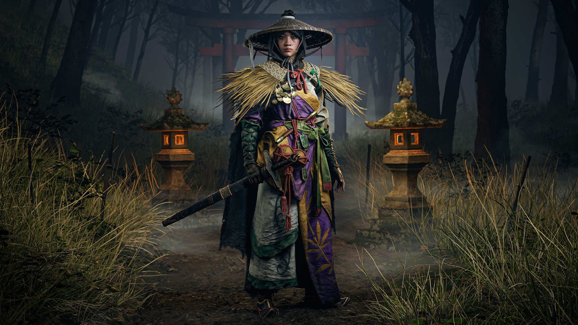 Samurai-Krieger in bunter Rüstung mit Schwert im nebligen Wald mit Laternen | Sculpting, Charaktere