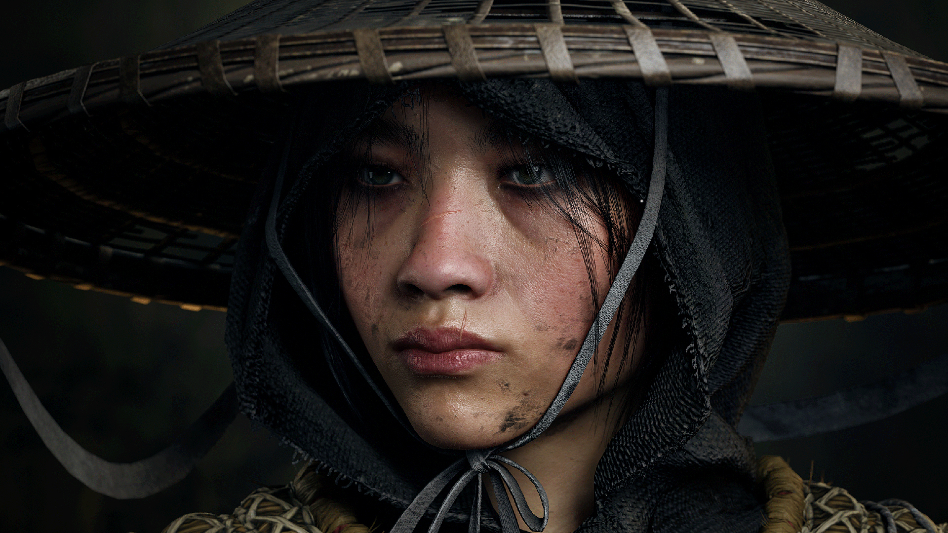 Samurai-Charakter mit detailliertem Strohhut und Kleidungstexturen, in ZBrush gesculptet