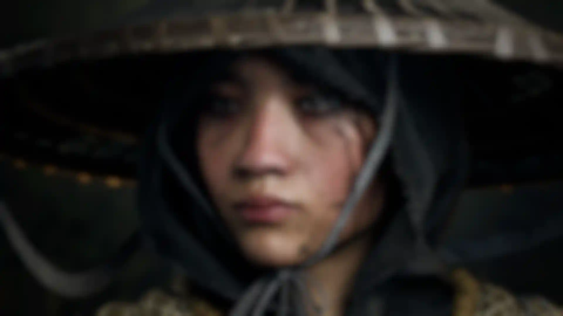 Samurai character with detailed straw hat and clothing textures, sculpted in ZBrush