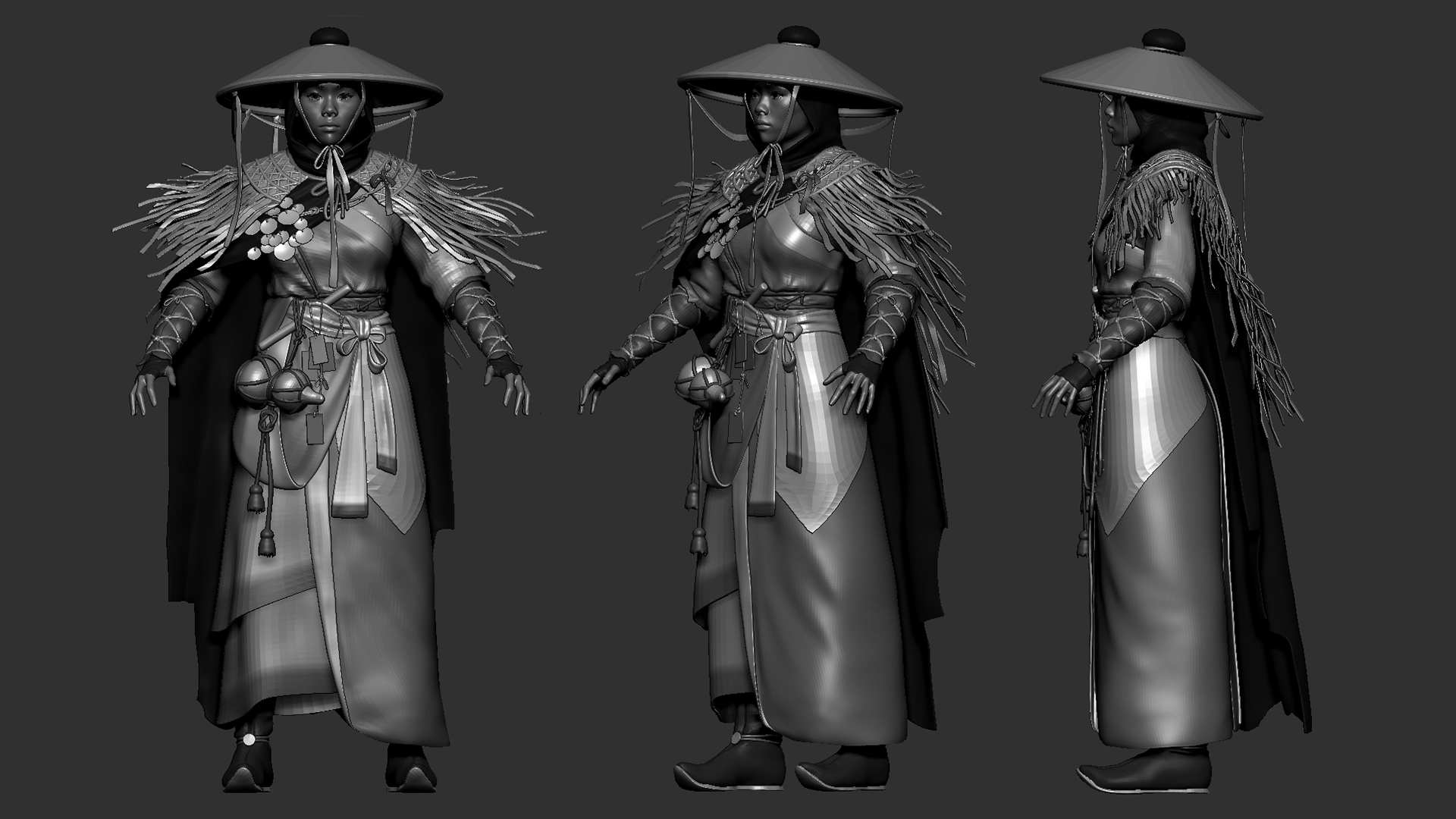 3D ZBrush-Skulptur eines detailreichen Samurai-Charakters mit Strohhut und Gewand