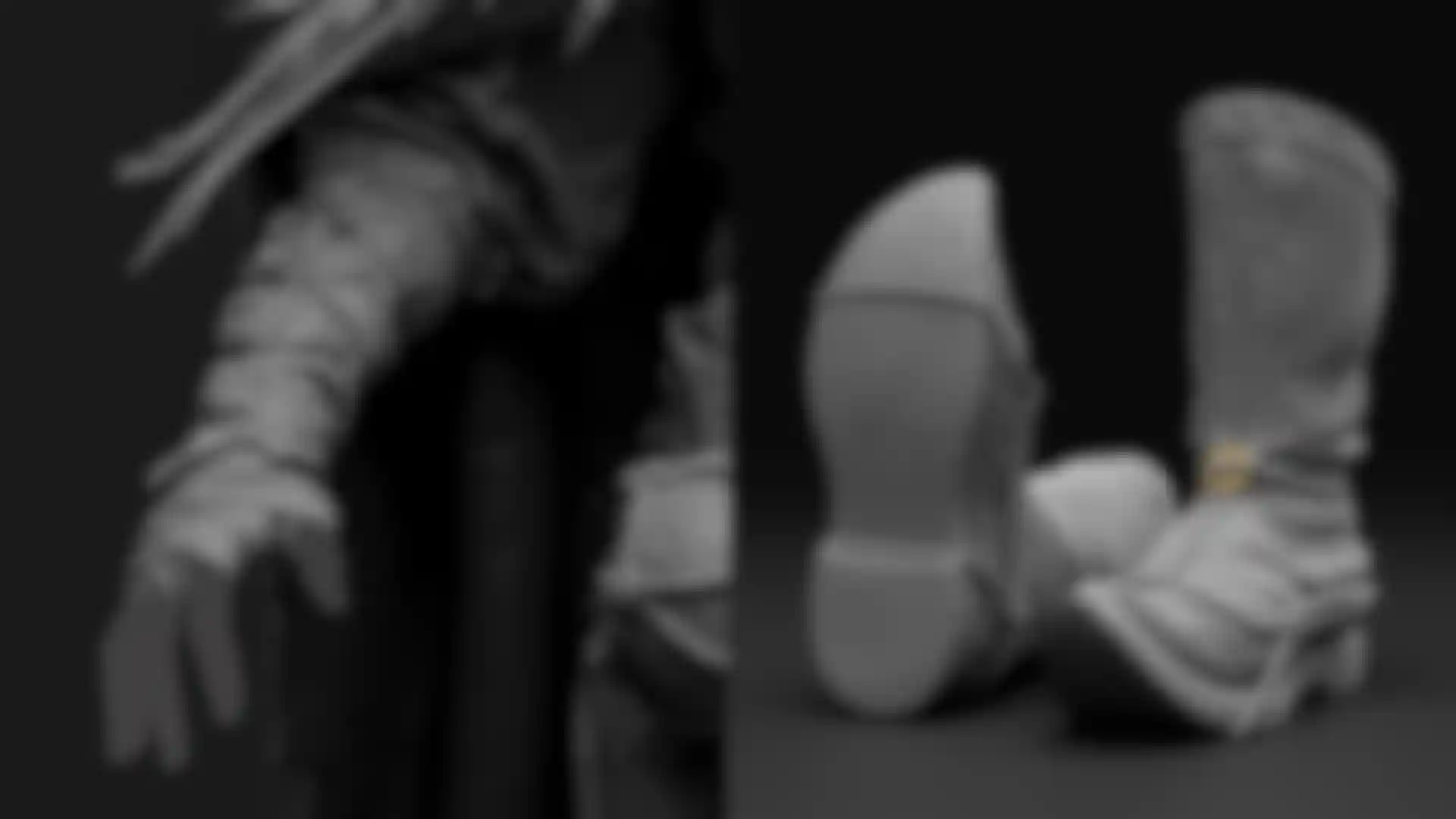 ZBrush 3D sculpt of samurai boots and sleeve with detailed textures and ropes