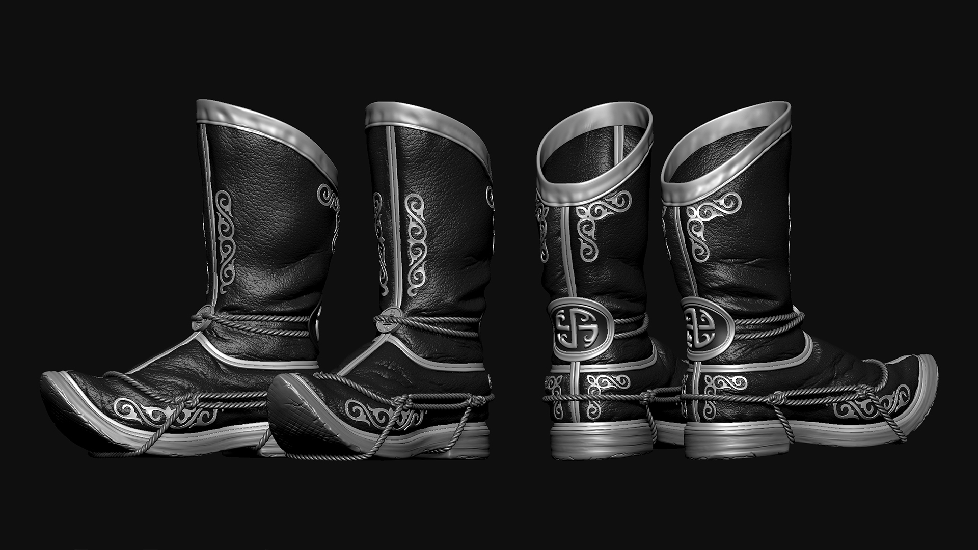 ZBrush 3D-Skulptur verzierter Samurai-Stiefel mit Leder, Seilen und Mustern