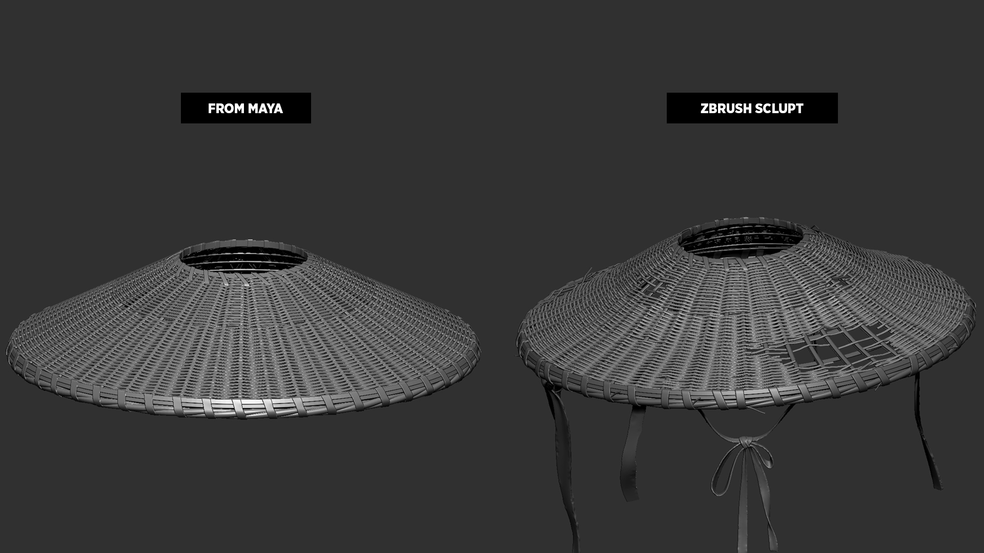 Strohhut in ZBrush, Symmetrie mit Move-Pinseln für abgenutzten, unregelmäßigen Look