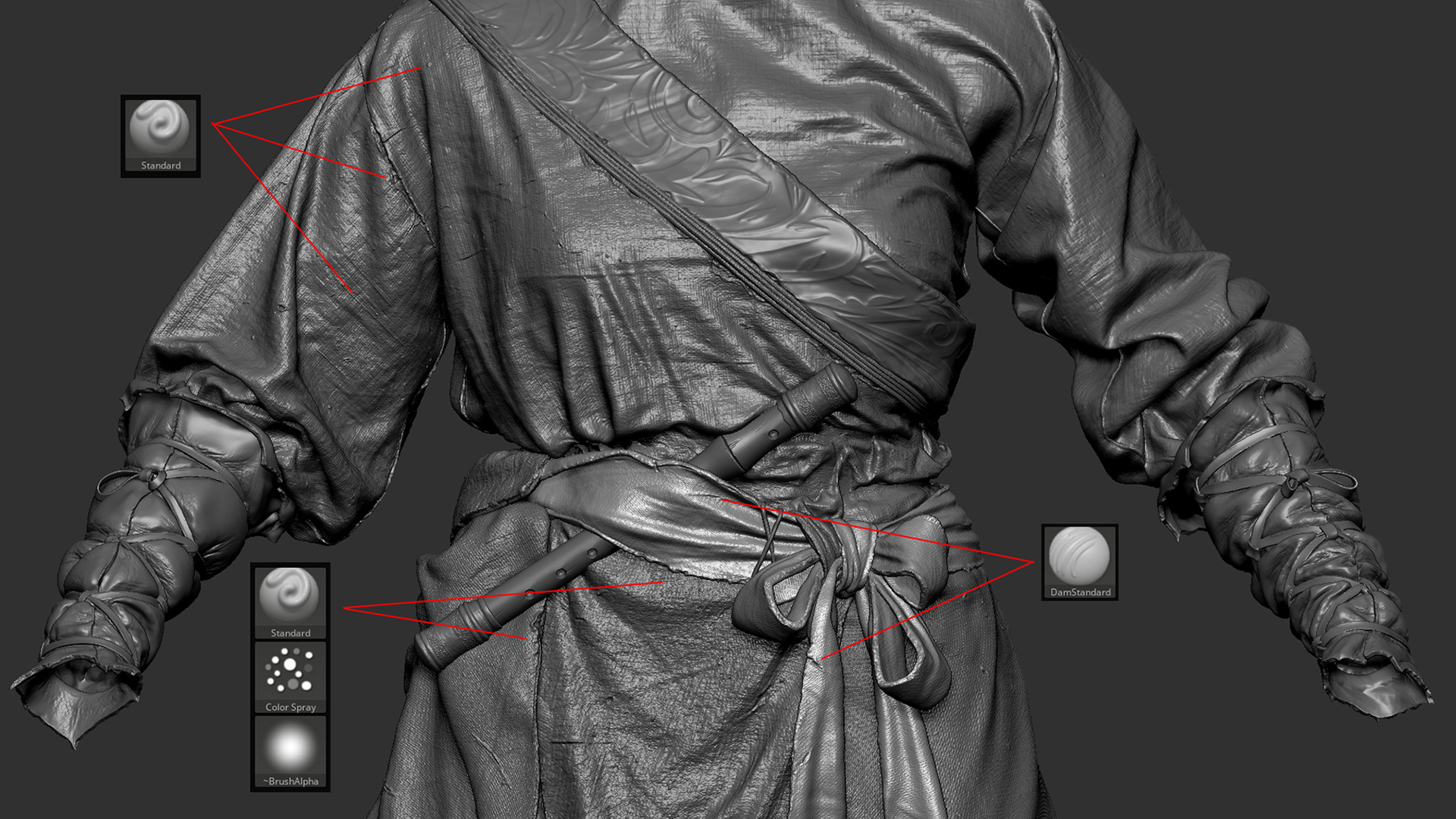 ZBrush 3D-Skulptur von Samurai-Kleidung mit Stofffalten, Textur und Gürtel