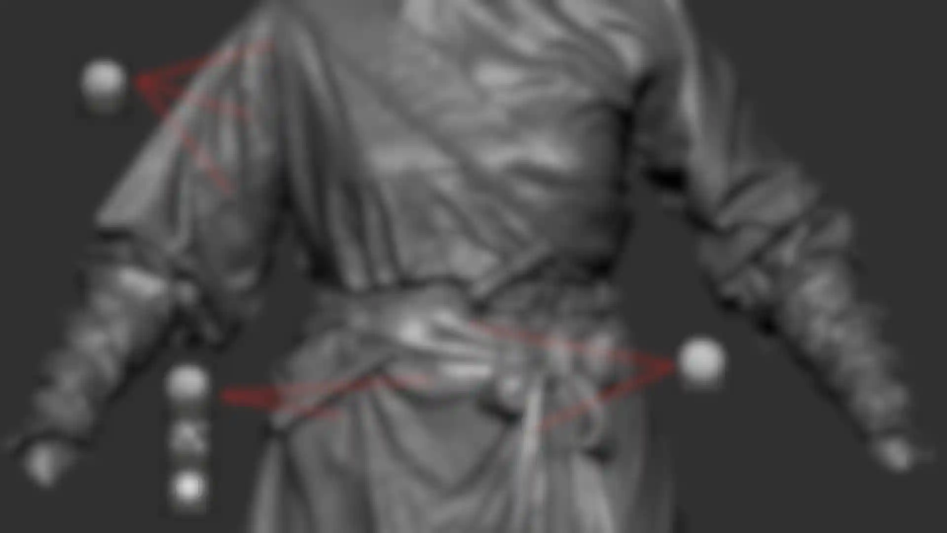 ZBrush 3D sculpt of samurai clothing with detailed folds, fabric texture, and belt