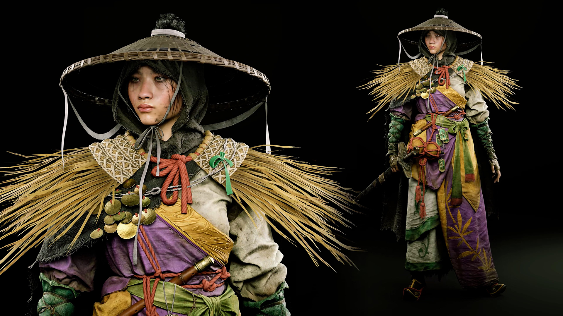 Detaillierter 3D-Samurai-Charakter mit Strohumhang, bunten Gewändern und Verzierungen | ZBrush, Sculpting