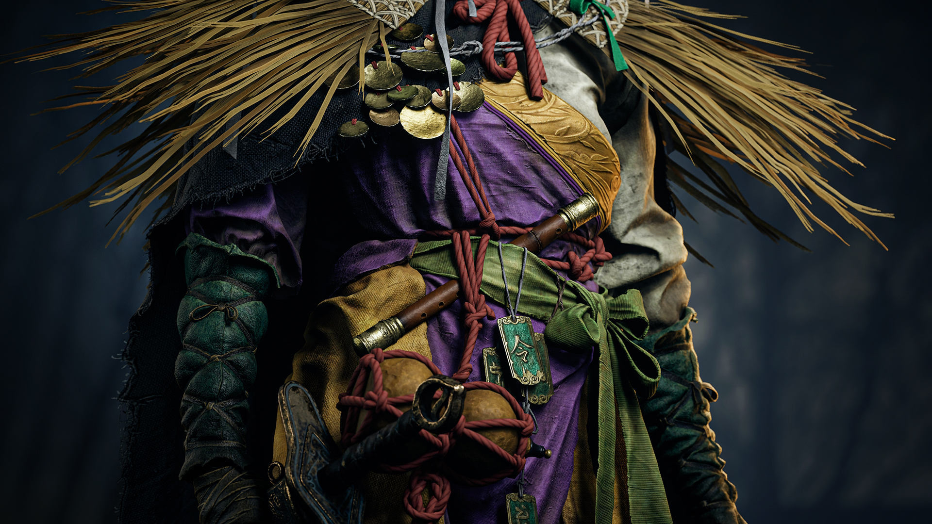 ZBrush 3D-Skulptur eines Samurai-Outfits mit Strohumhang, kunstvollen Seilen und Stoffen