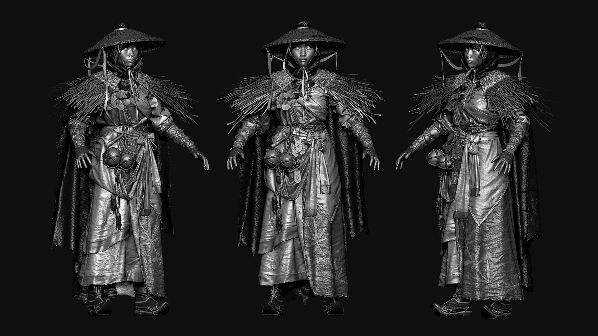 ZBrush 3D-Charakter-Skulptur eines Samurai mit Strohumhang, detailreicher Kleidung, Accessoires
