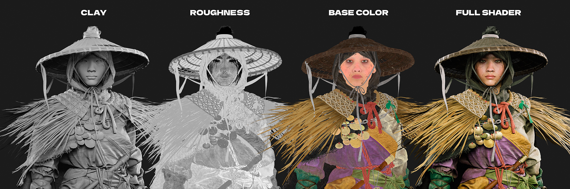 ZBrush-Samurai-Modell mit Ton-, Rauheits-, Grundfarben- und Shader-Phasen