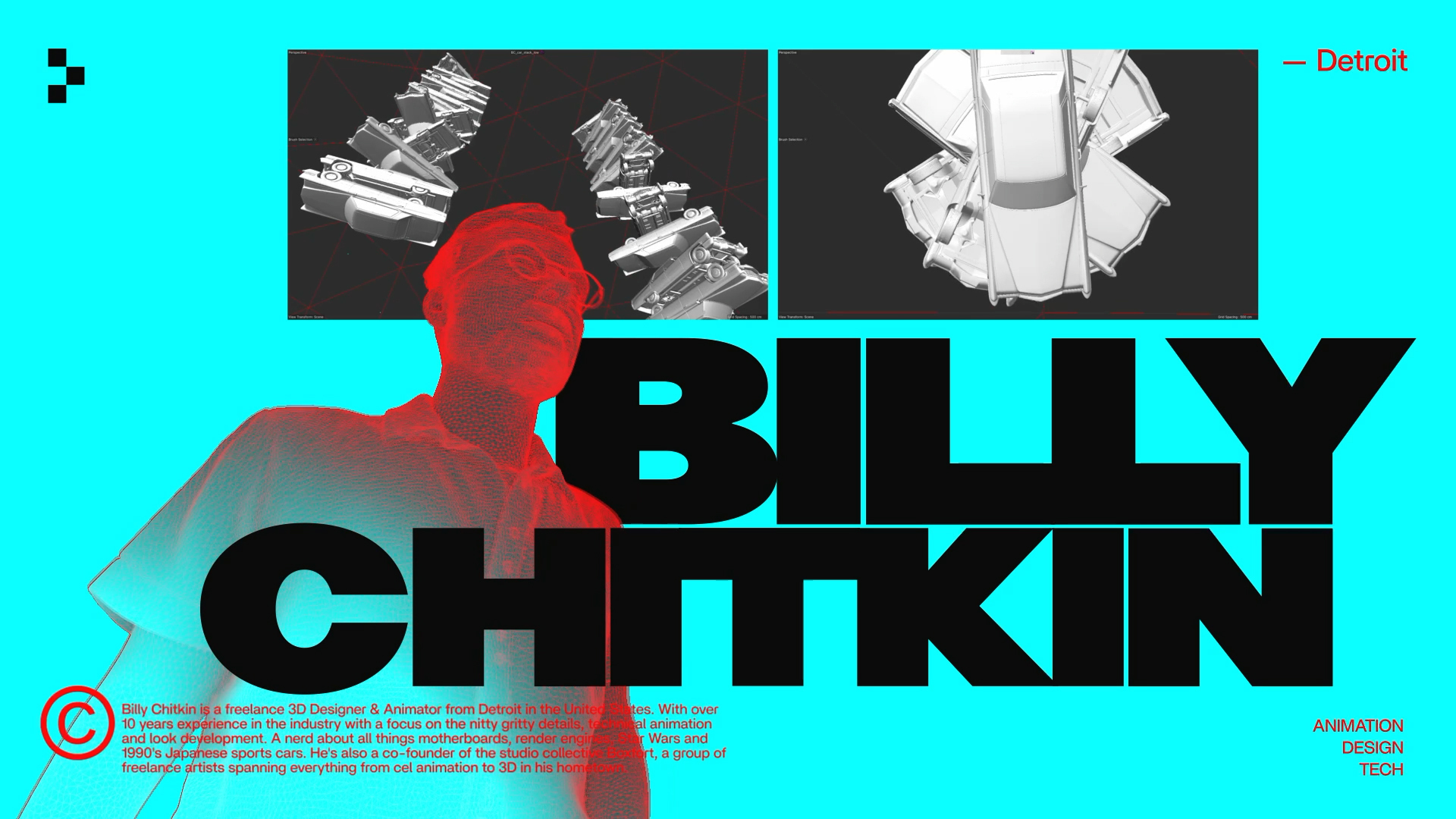 Finished 3D model of 3D designer Billy Chitkin, created in Cinema 4D for the opening sequence of Nodefest 2025