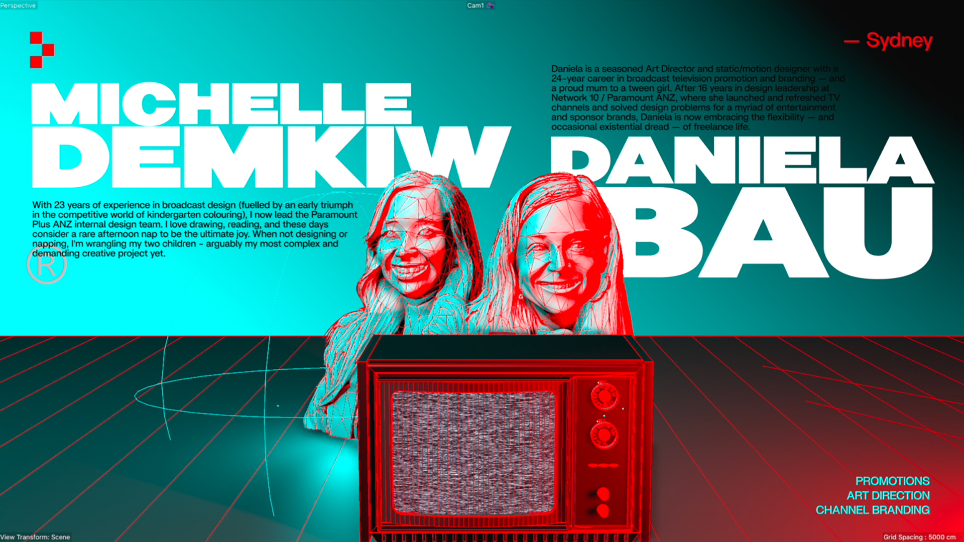 Creative duo Michelle and Daniela in Nodefest 2025 opening sequence, created by Yes Captain with Cinema 4D