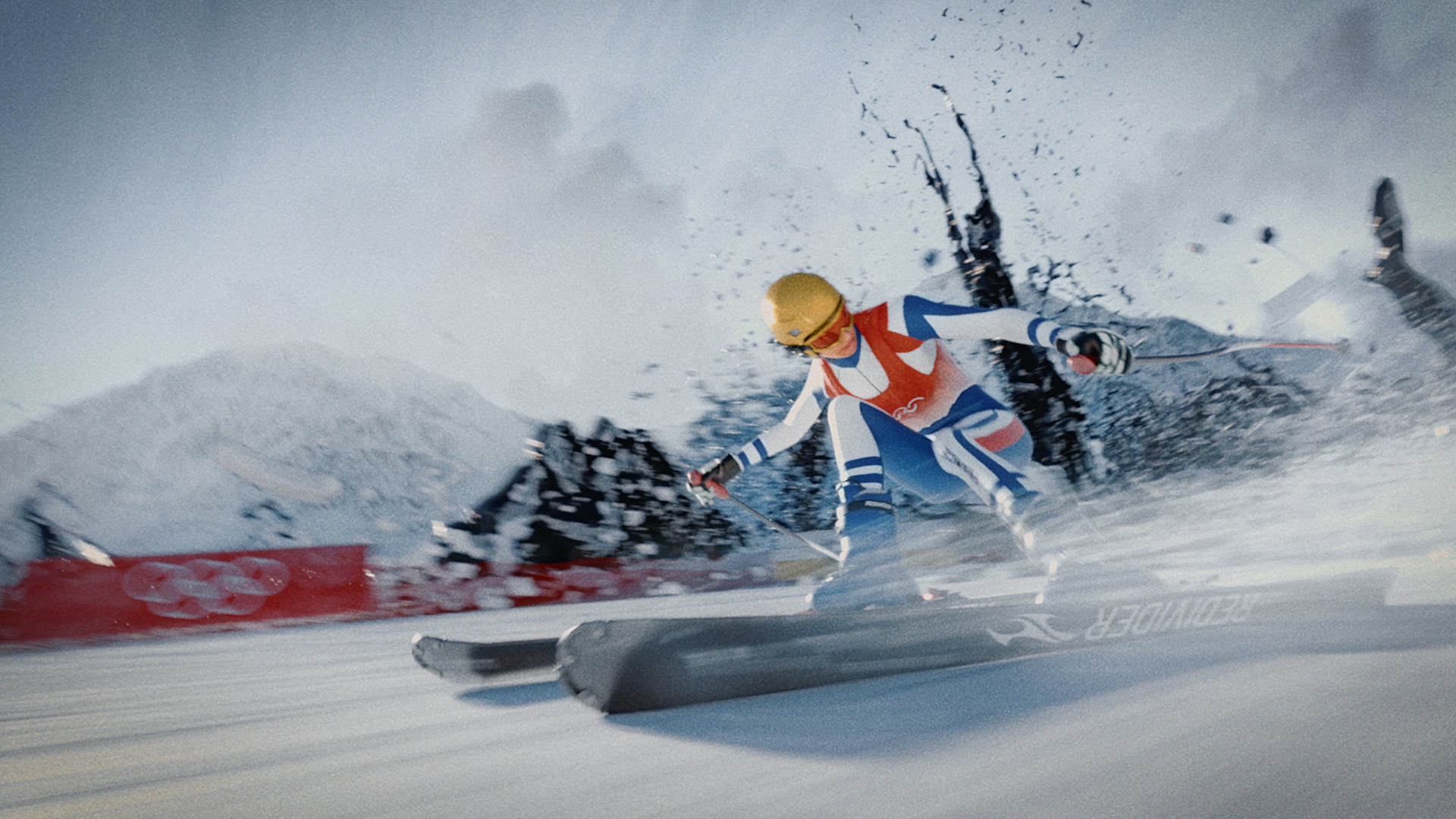 Greenpeace OILympics 3D 스키 VFX, 눈·얼음·기름 입자 Redshift 렌더링