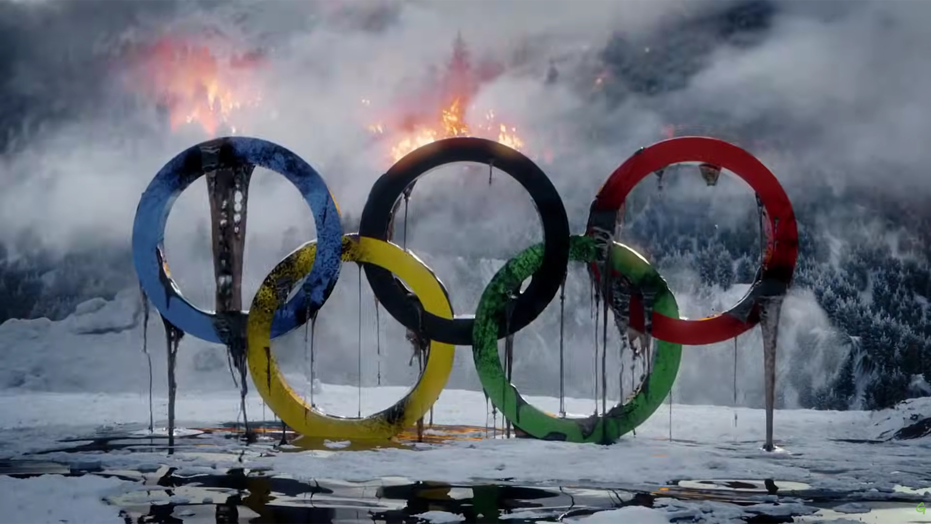 Greenpeace OILympics 3D 불타고 기름 묻은 올림픽 링, Cinema 4D와 Redshift 사용