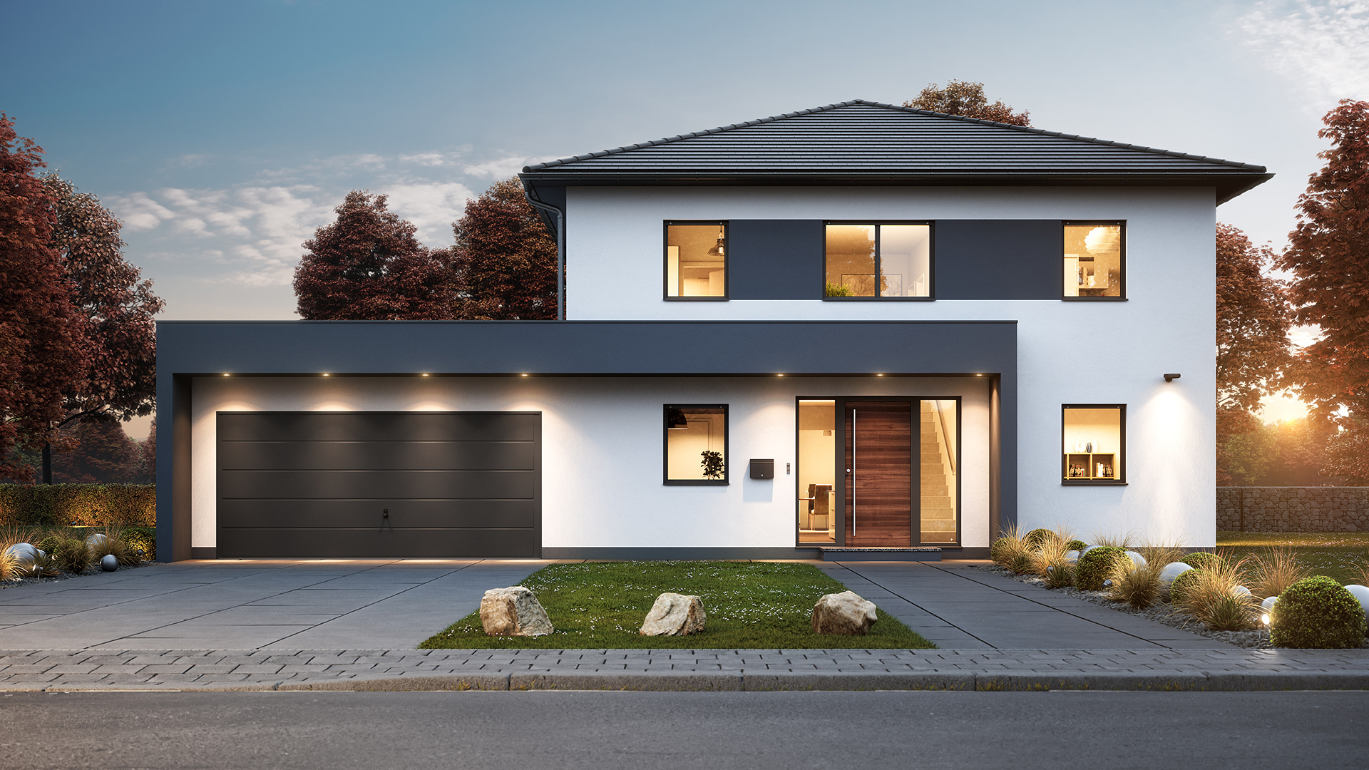 3D architectural rendering of modern luxury house exterior with beautiful, natural lighting effects