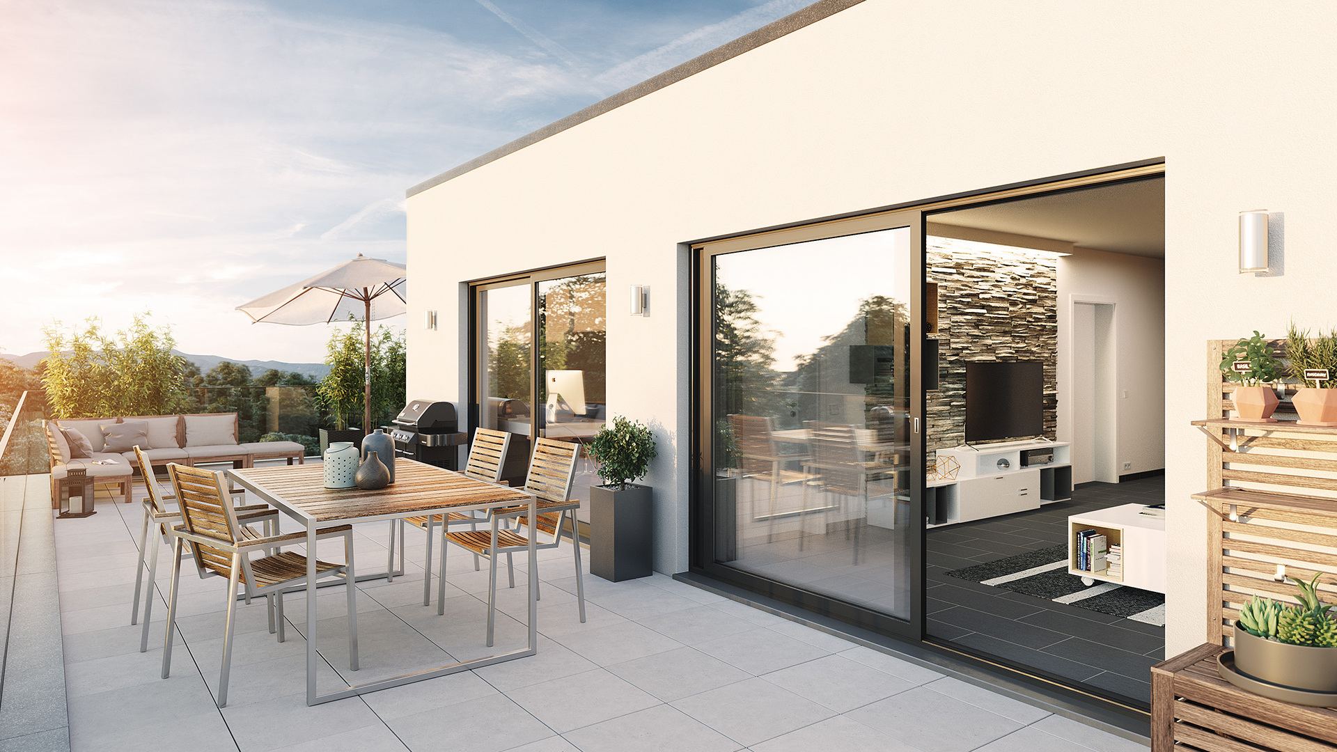 3D architectural rendering of a modern terrace with warm sunset lighting | Redshift, Cinema 4D
