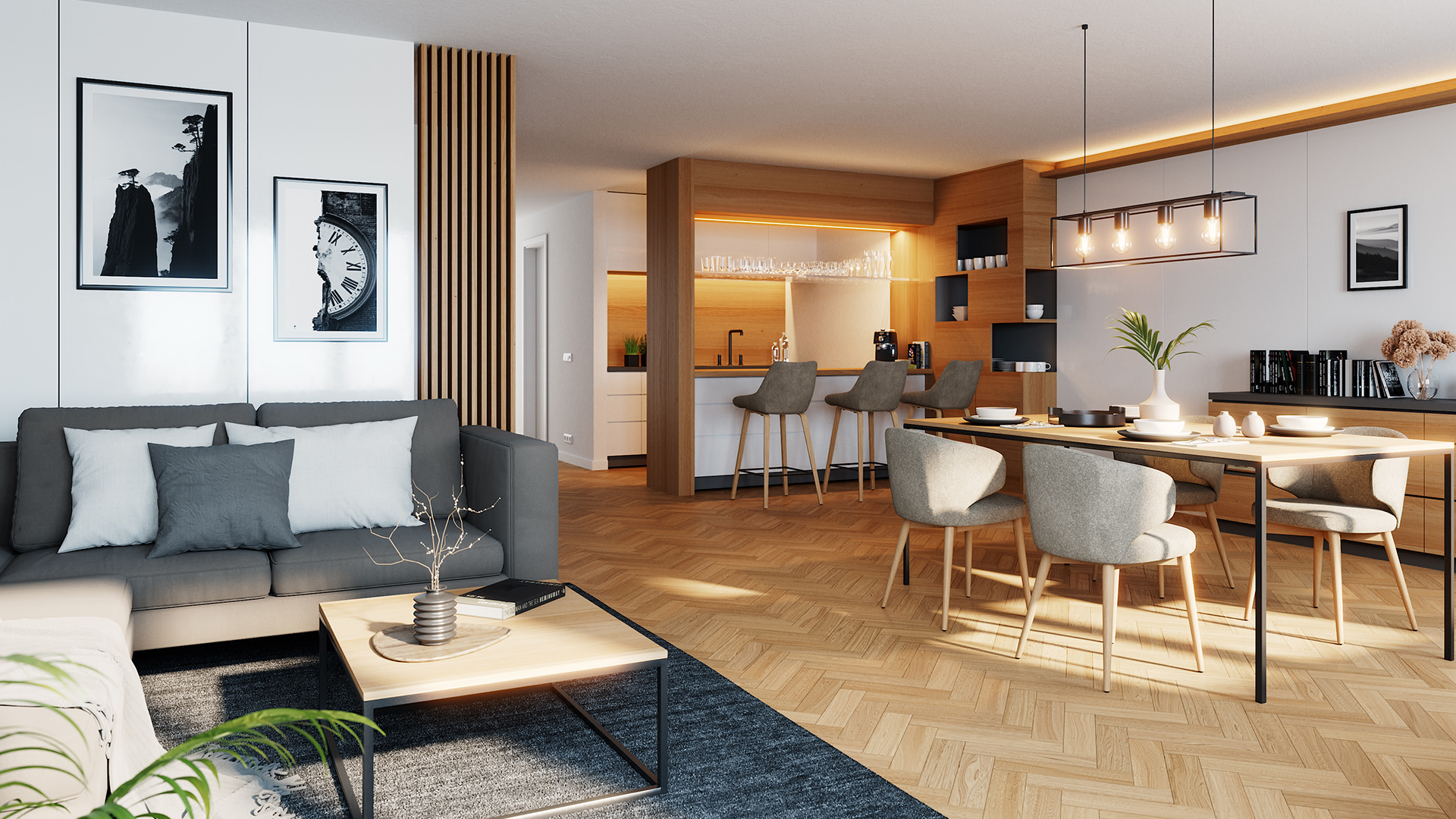 3D architectural rendering of an interior area by Fuchs & Vogel using Cinema 4D and Redshift