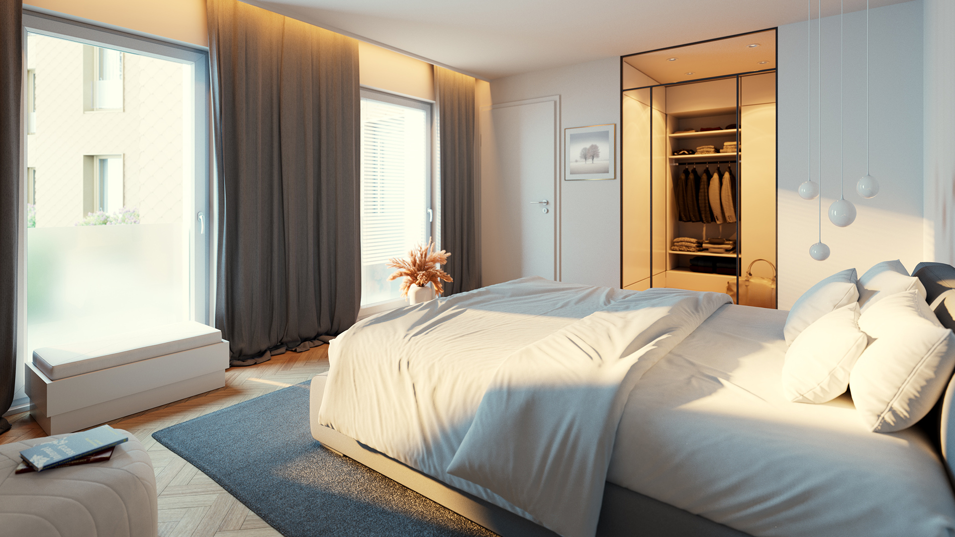 3D architectural rendering of a luxurious, modern bedroom interior created with Redshift and Cinema 4D