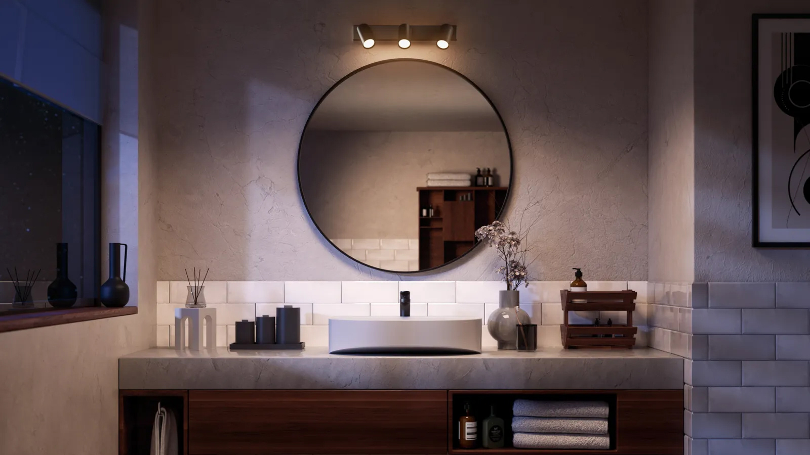 Kutuko Studio使用 Cinema 4D 结合 Redshift 灯光技术制作的逼真 3D 浴室建筑可视化效果图