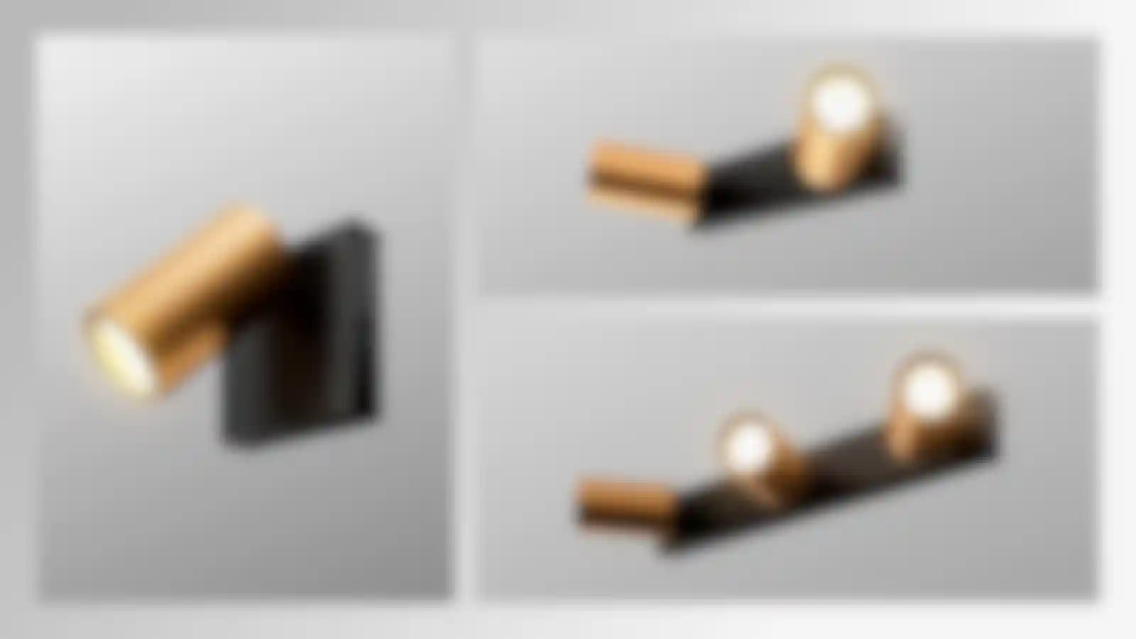 Gold and black bathroom lamps in various styles and angles, created in C4D by Kutuko Studio.