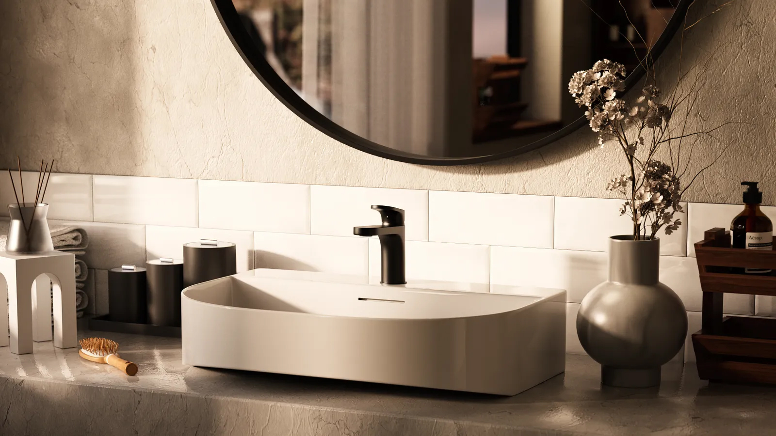 Kutuko Studio 使用 Redshift 在 Cinema 4D 中渲染了一个带有陶瓷和金属材质的浴室洗手盆场景