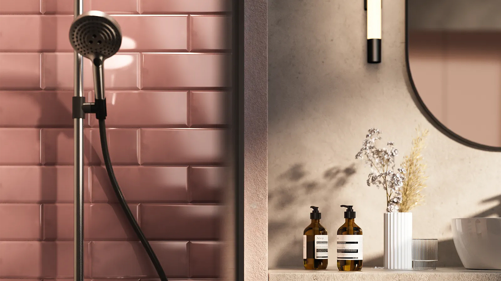 Kutuko Studio 在 Redshift 中制作的浴室场景，配有逼真的粉色瓷砖和装饰