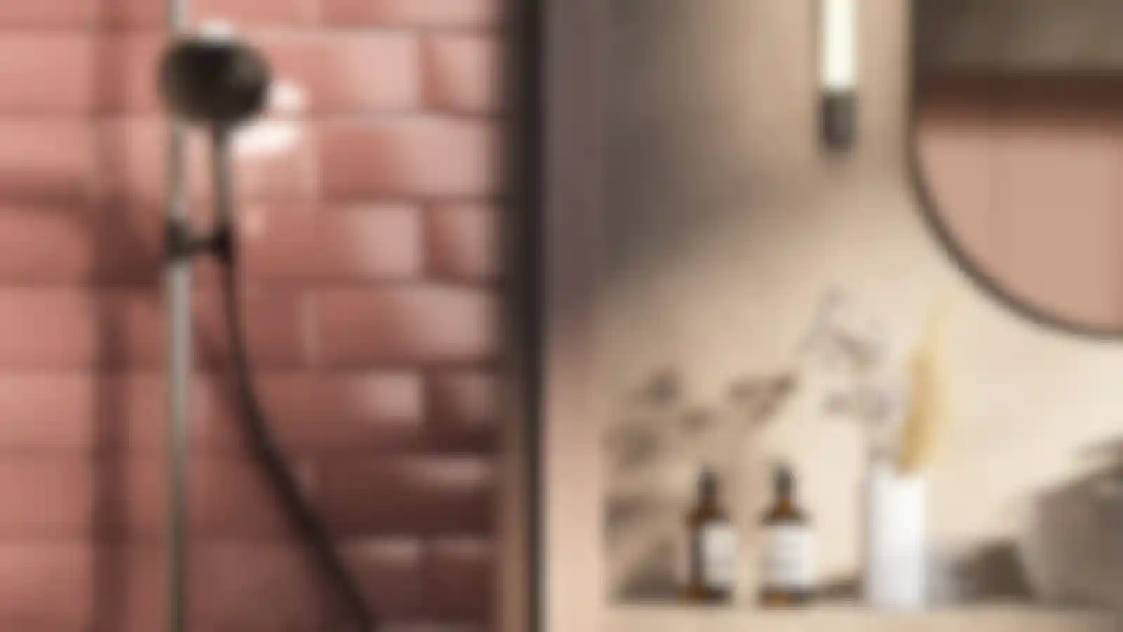 Bathroom scene with realistic pink tiles and decor by Kutuko Studio in Redshift