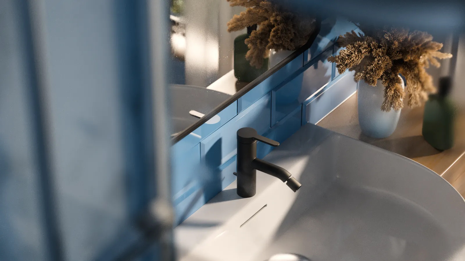 Kutuko Studio 在 Redshift 中创作的 3D 浴室洗手盆，配有蓝色瓷砖和纹理装饰