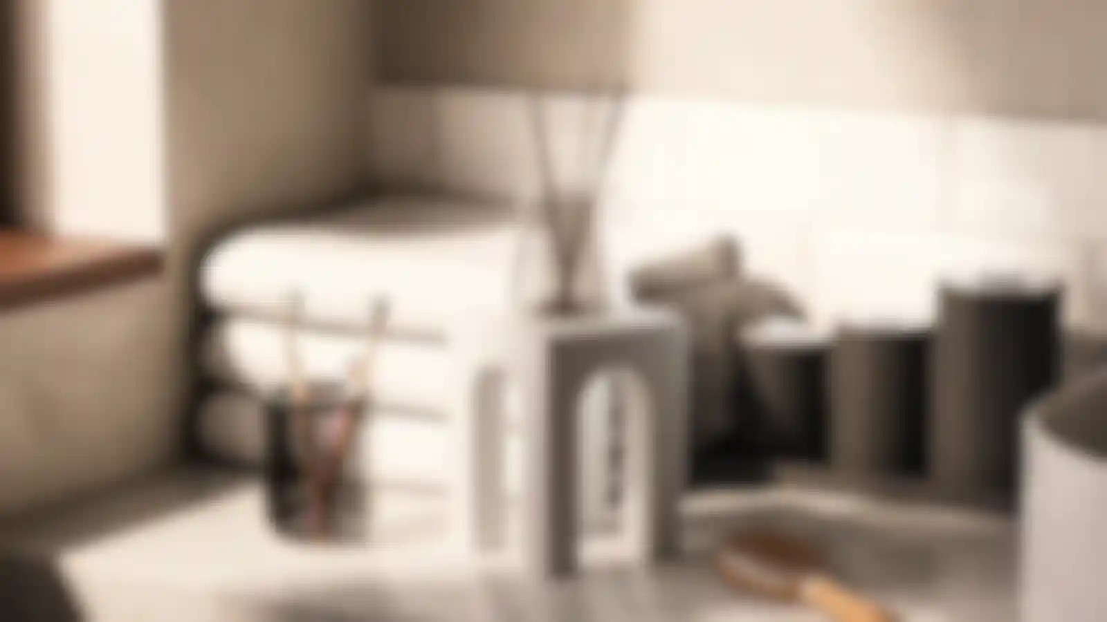 Close-up of folded bathroom towels and detailed décor elements, created by Kutuko Studio using Redshift.