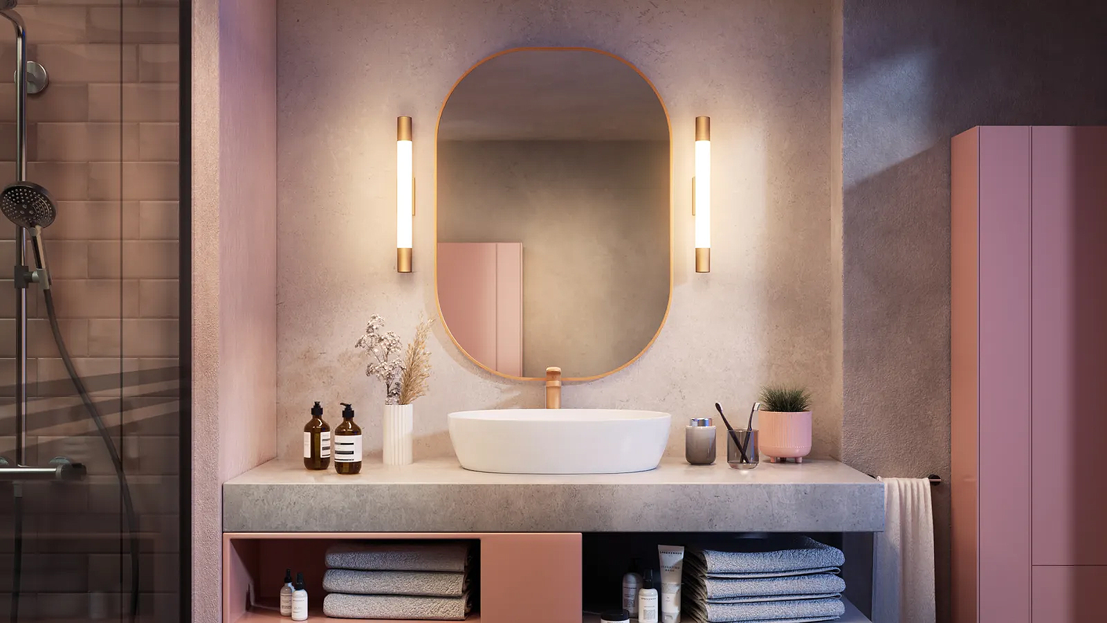 卫浴设施和柔和灯光打造的现代浴室效果图，使用 Cinema 4D 结合 Redshift 渲染而成。