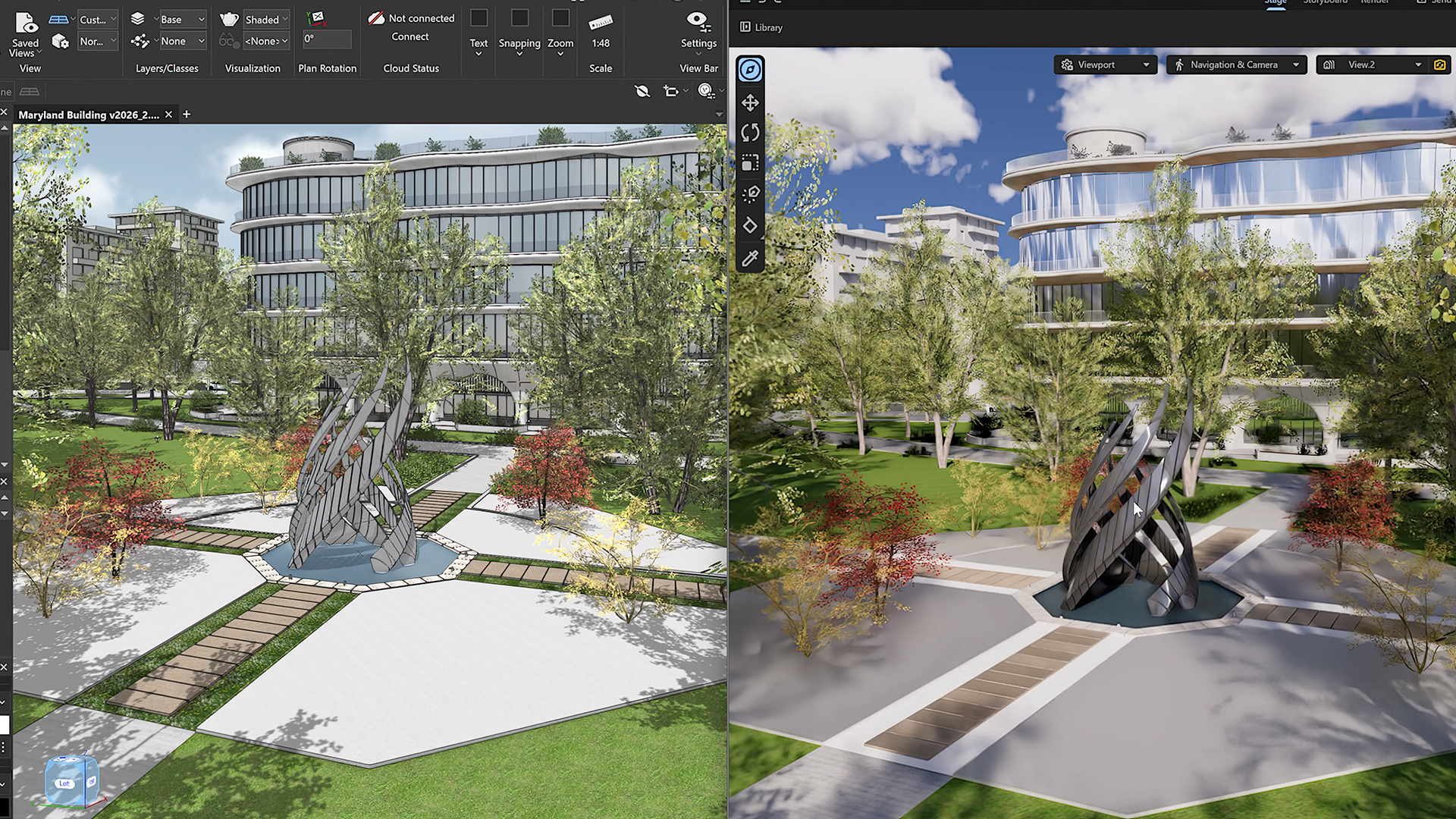 Comparison of a 3D model wireframe and the rendered final image