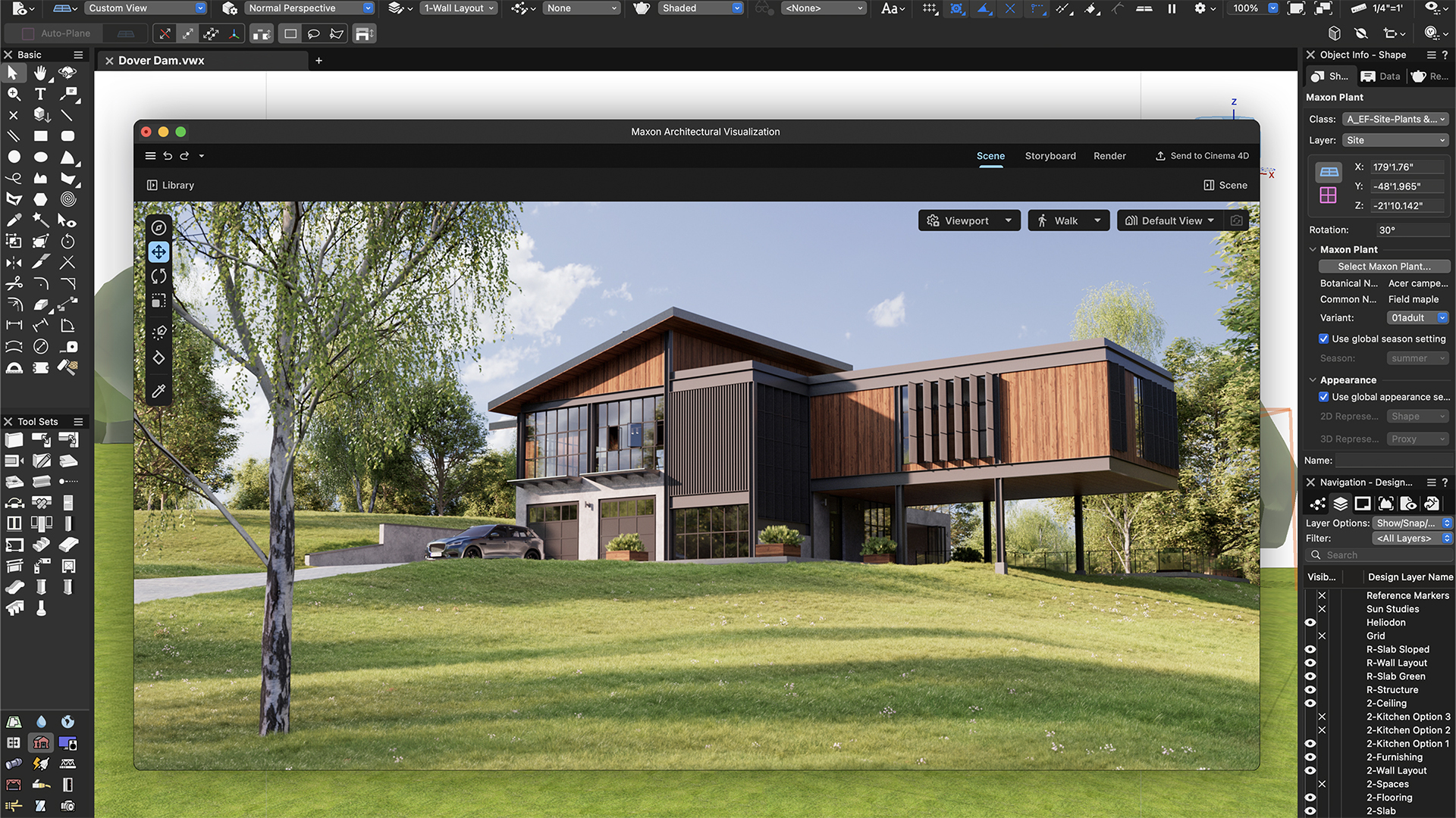 Architectural visualization process from sketch and BIM model to final 3D render