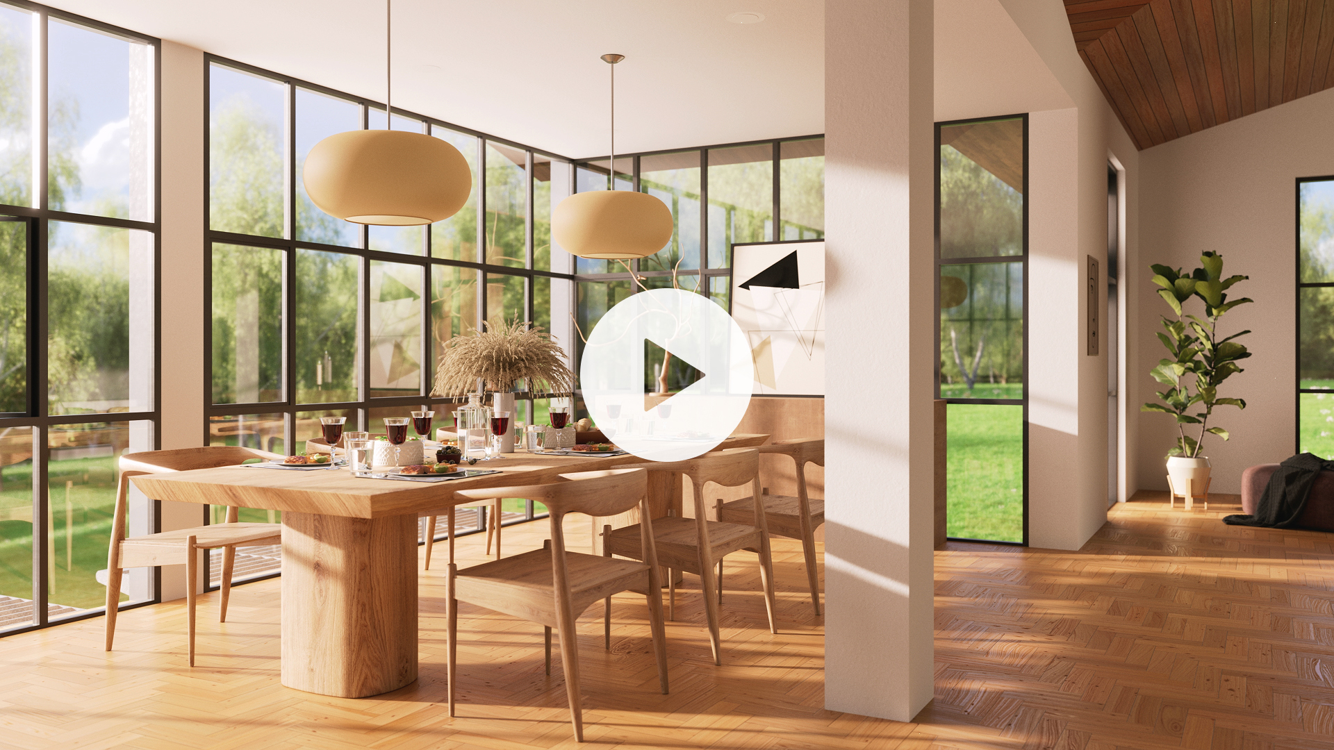 3D architectural rendering of the interior with a visual focus on lighting, materials, and composition techniques