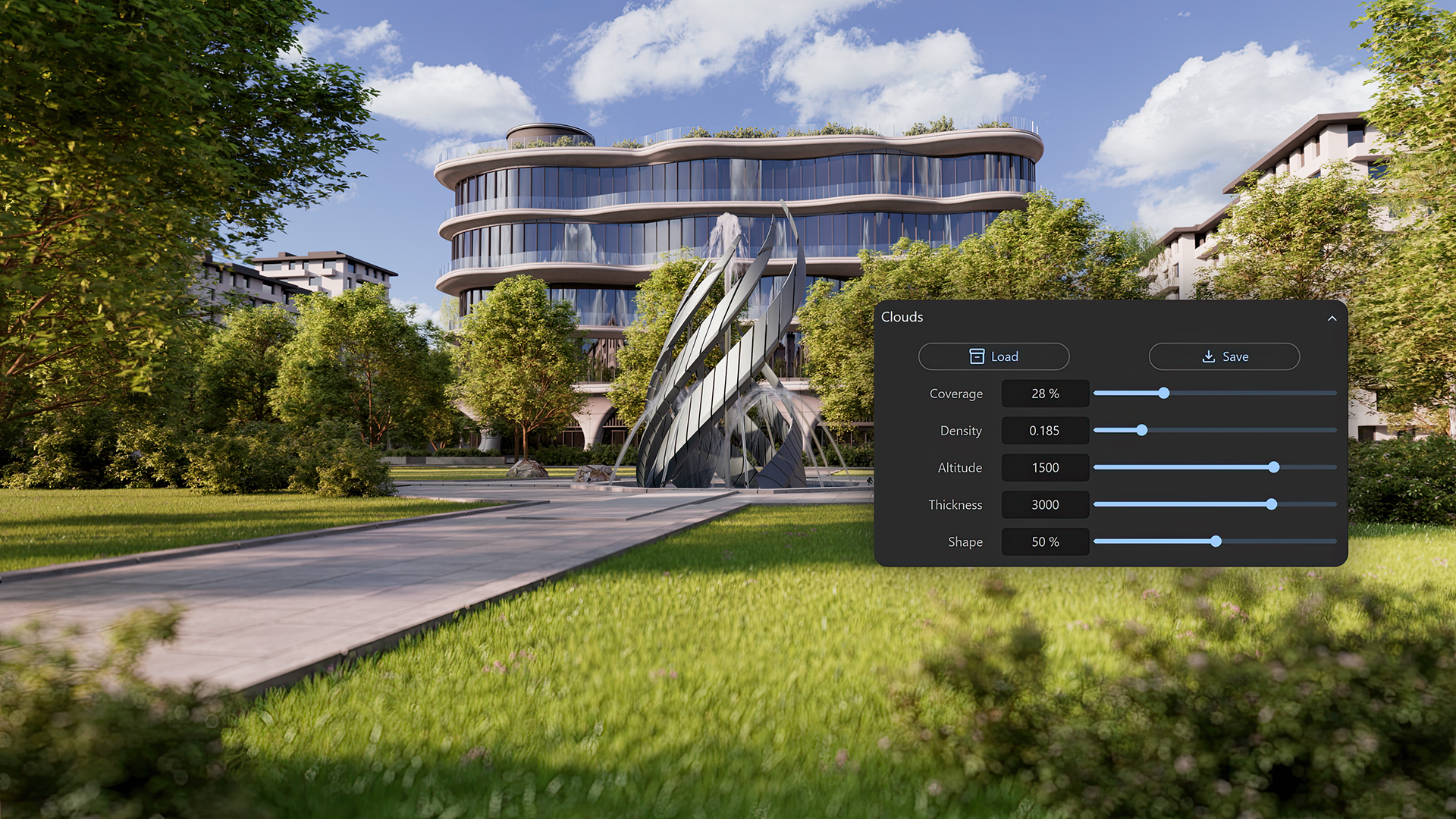 3D Visualization of how clouds influence natural light, shadows, and the overall mood of architectural renderings