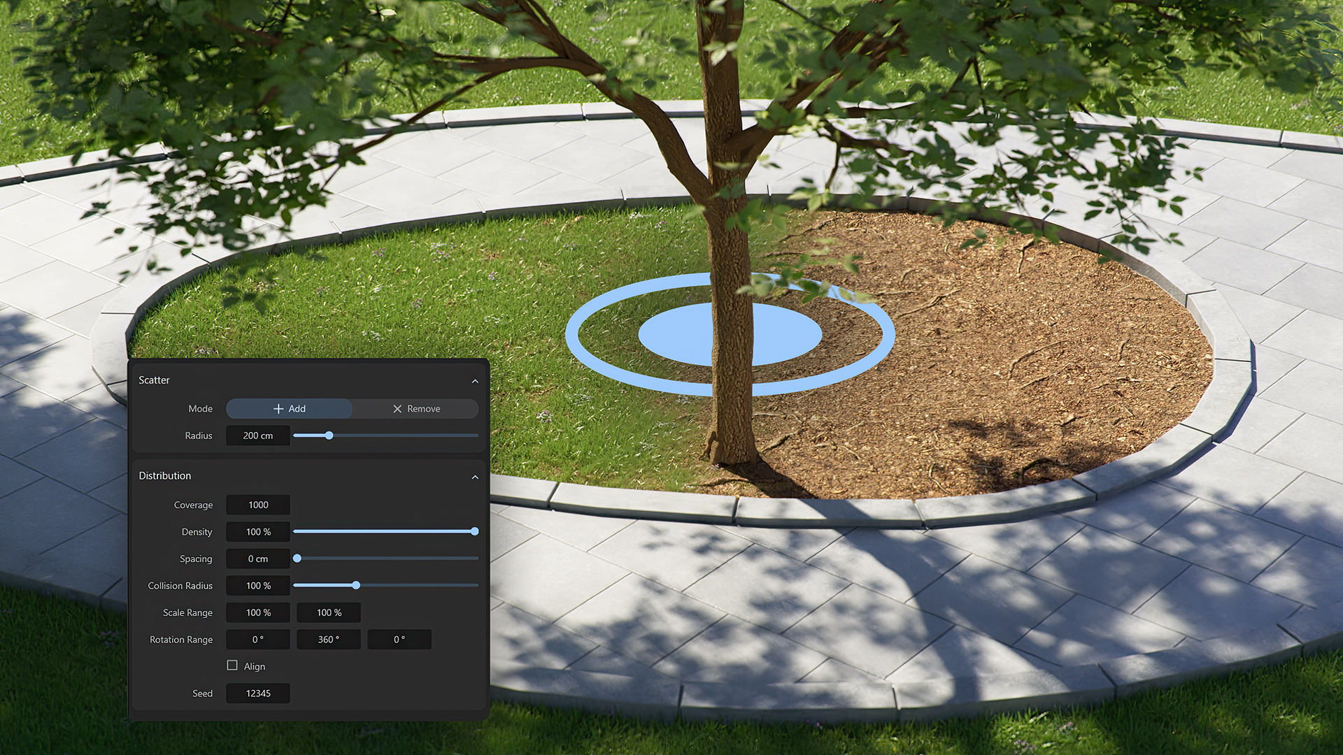 Architectural rendering of interior and exterior areas, enhanced with cinematic details from the integrated asset library