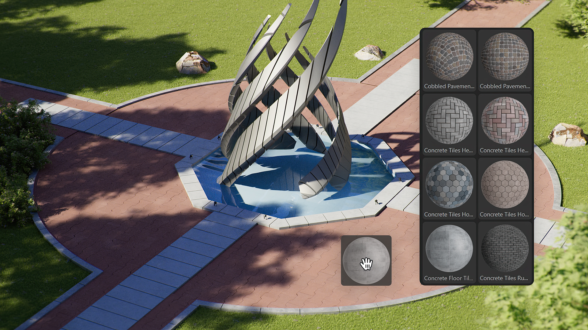 3D architectural rendering with visual callouts highlighting materials and composition techniques