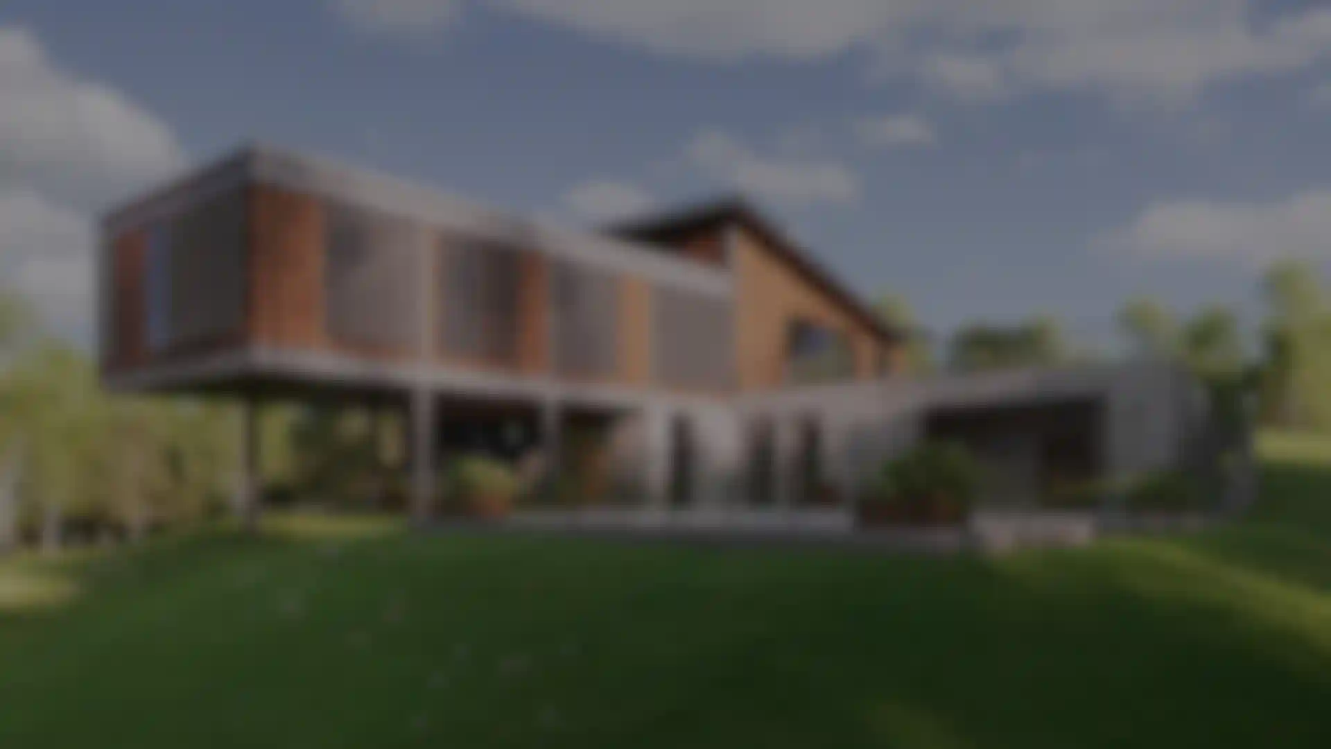 3D architectural rendering of modern hillside house with wood and glass design