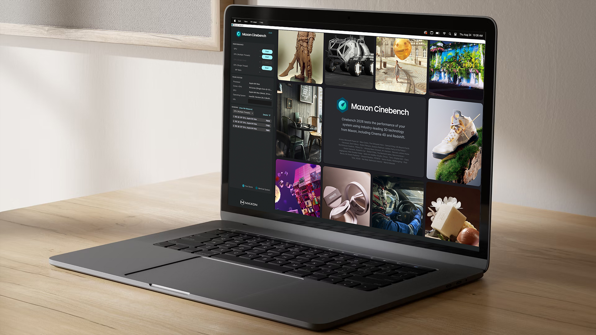 MacBookでMaxon Cinebench 2026 GPU・CPUベンチと3Dアート表示