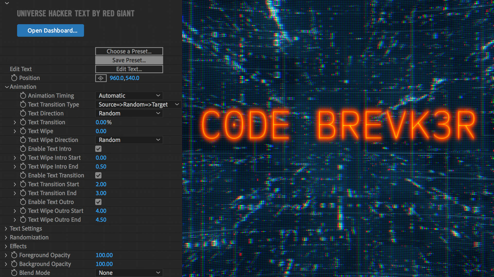 Plugin d'animations de texte de hacker | Universe Hacker Text… - Maxon